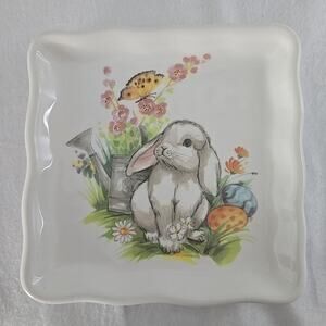 Effetti D'Arte Bunny Rabbit Flowers 7x7" Square Plate Italy‎ Spring Cottage